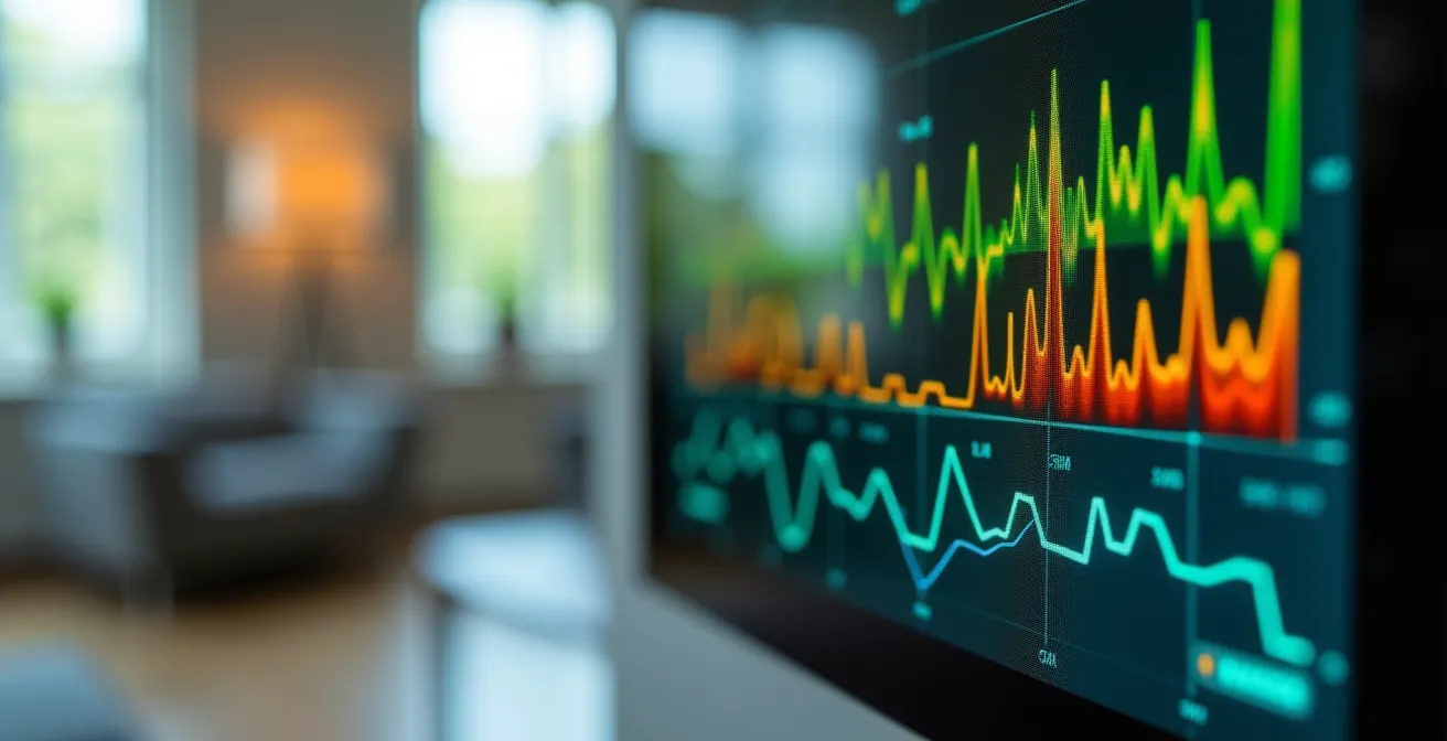 Detalle macro de pantalla de monitor energético mostrando gráficos de consumo con colores indicativos sin texto legible