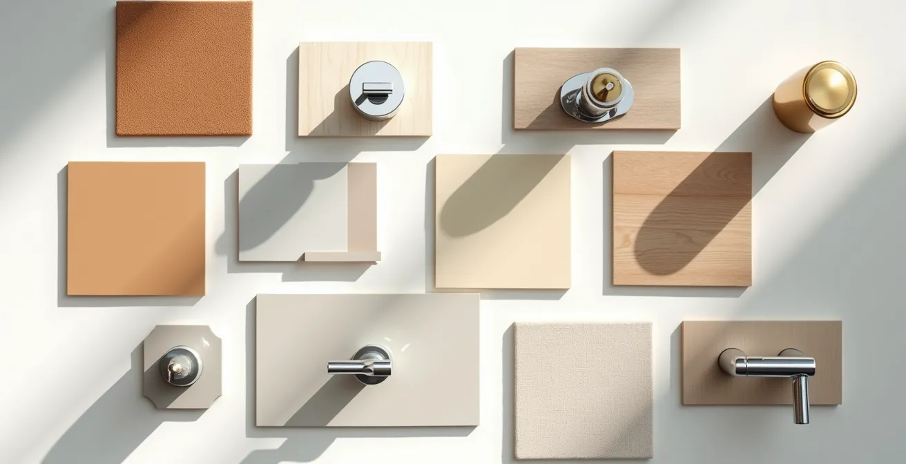 Composición minimalista de muestras de materiales de construcción organizadas sobre superficie neutra