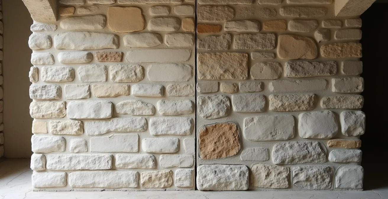 Detalle de muro de piedra con juntas de mortero de cal mostrando textura porosa natural