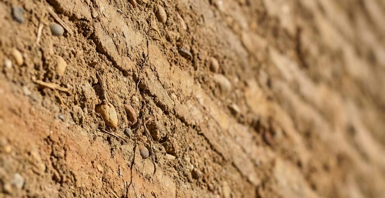 Detalle macro de muro de tapial mostrando capas de tierra compactada y textura natural
