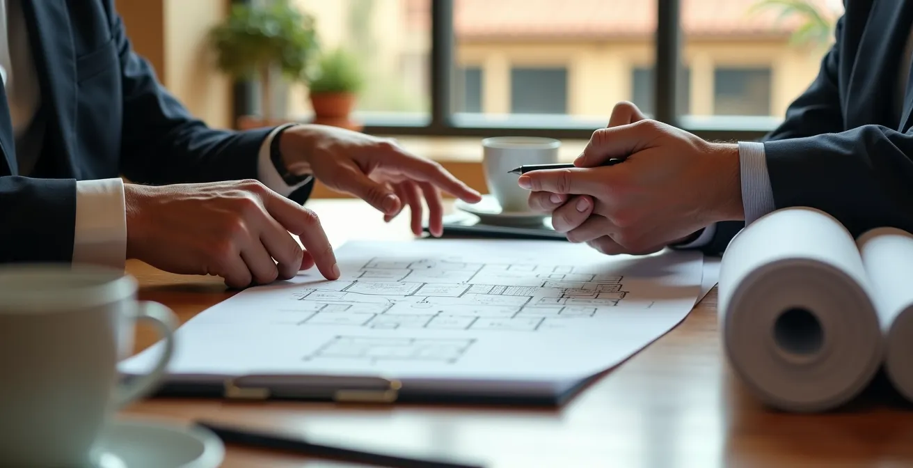 Mesa de negociación con documentos inmobiliarios y calculadora profesional