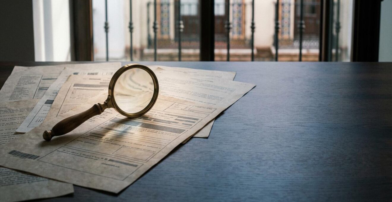 Documentos del registro de propiedad en escritorio con lupa examinando detalles