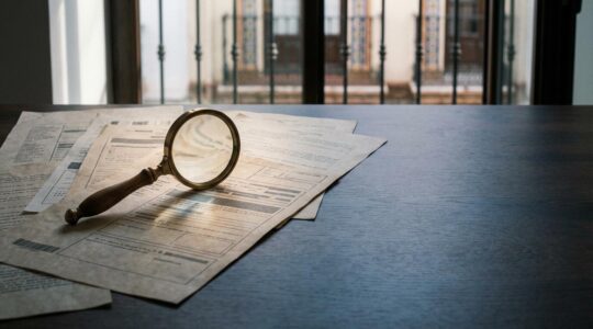 Documentos del registro de propiedad en escritorio con lupa examinando detalles