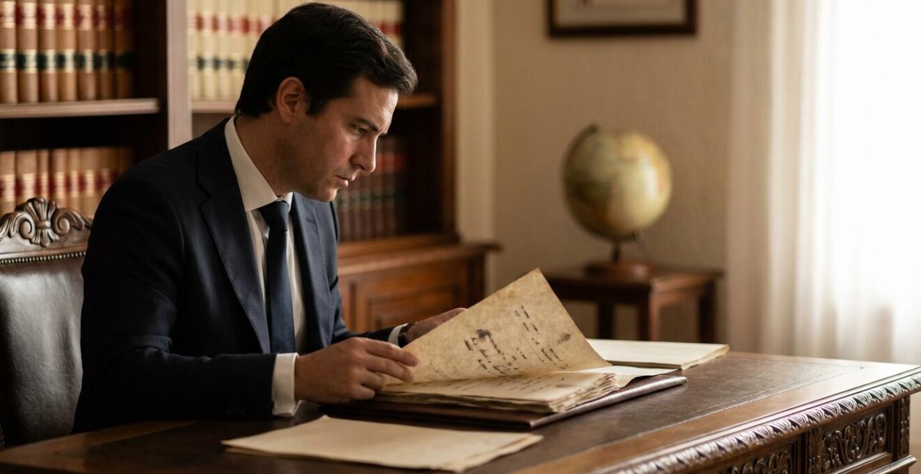 Notario revisando documentos en su despacho con estanterías de libros de fondo