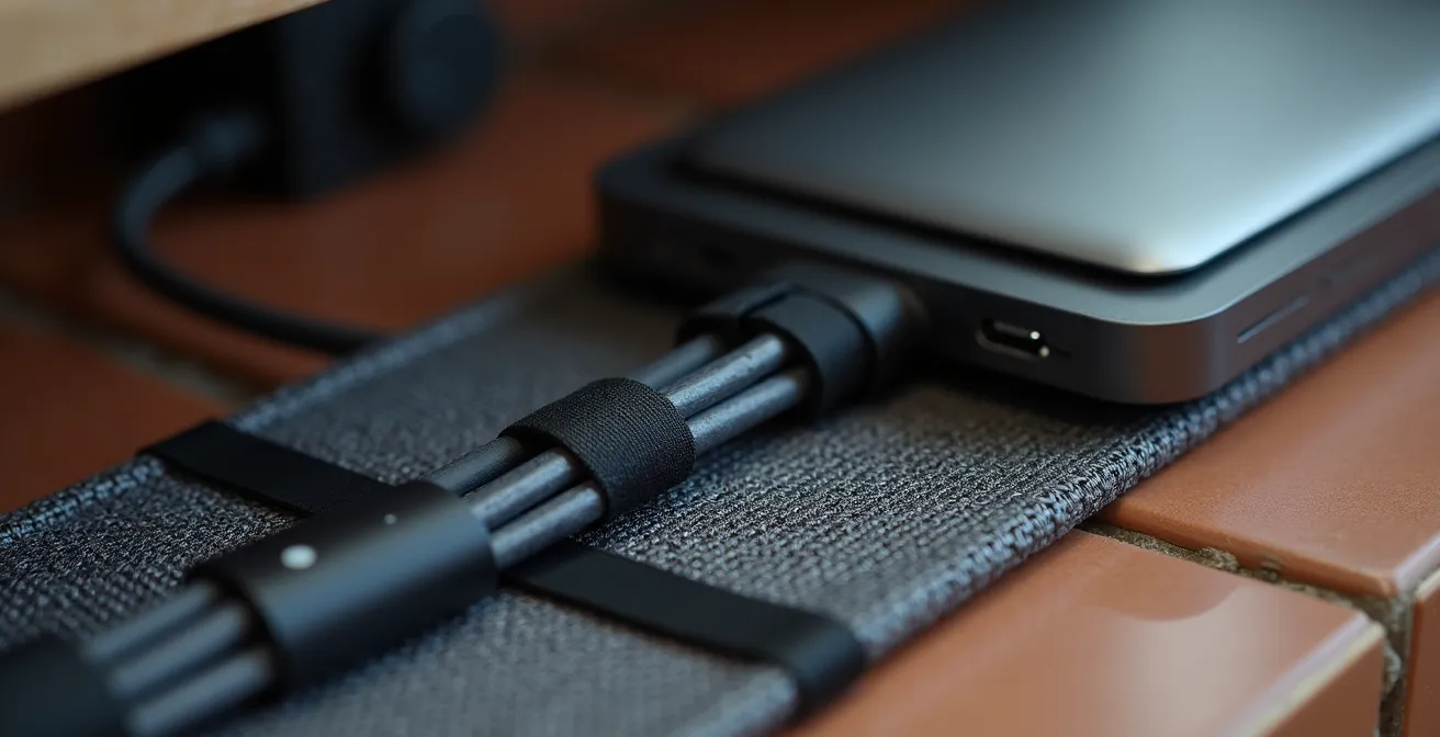 Sistema de gestión de cables con bandeja bajo escritorio y dock USB-C centralizado