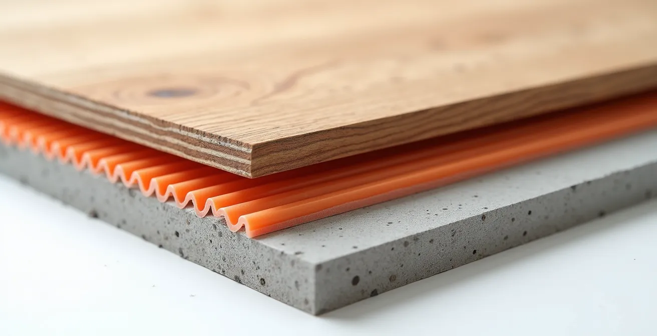 Sección transversal de parquet de roble sobre sistema de suelo radiante