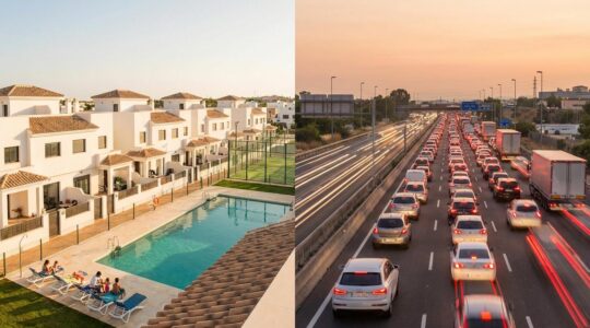 Vista aérea de una urbanización moderna con piscina comunitaria y pistas de pádel contrastada con autopista congestionada al atardecer