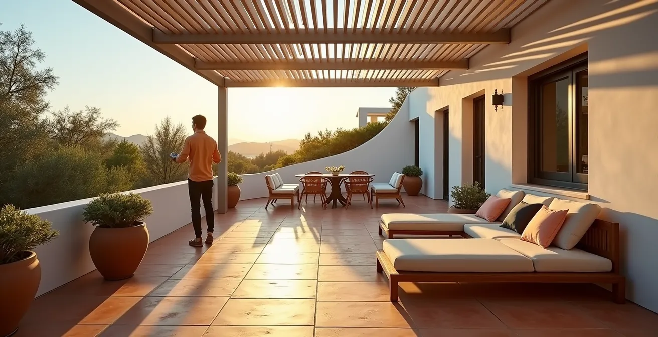 Pérgola bioclimática con lamas orientables en terraza de vivienda mediterránea