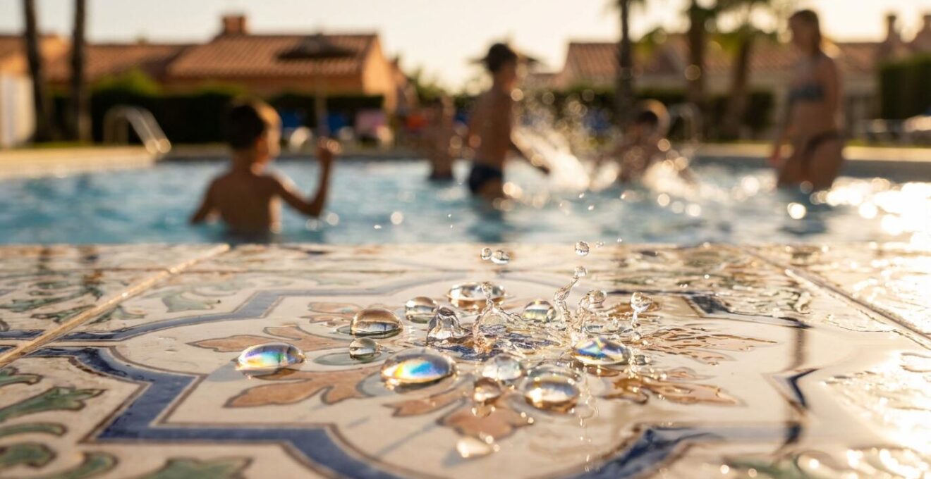Familias disfrutando en piscina comunitaria de urbanización en una tarde de verano