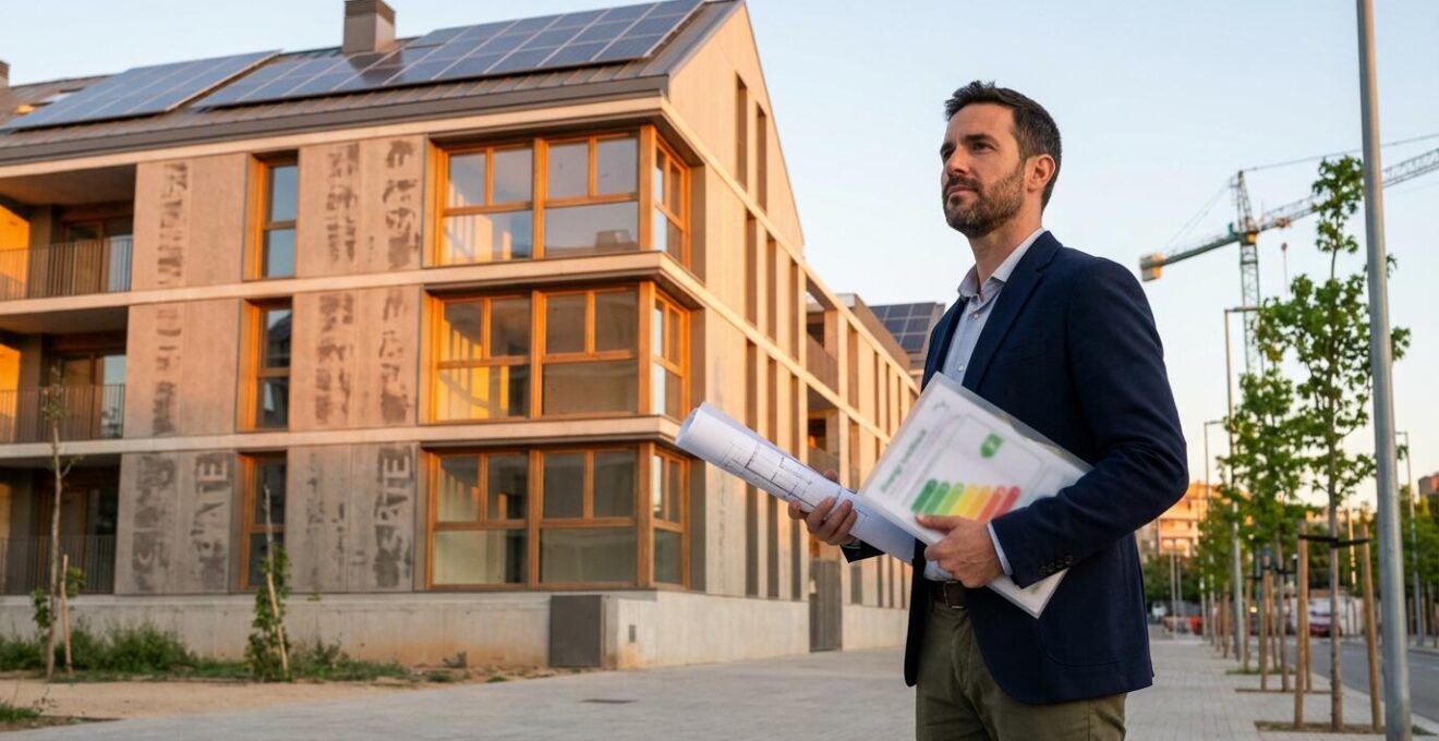 Persona analizando documentos de certificación energética frente a un edificio de obra nueva con diseño sostenible