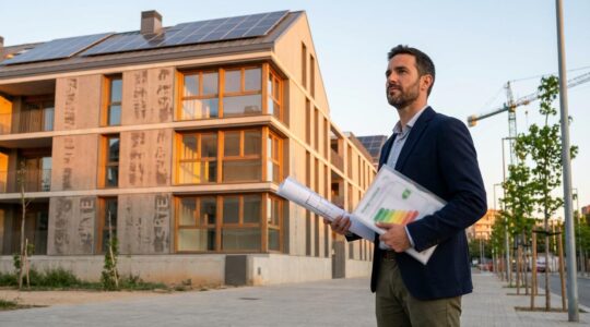 Persona analizando documentos de certificación energética frente a un edificio de obra nueva con diseño sostenible