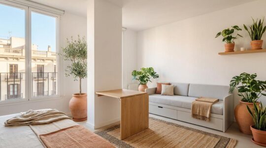 Interior moderno de 50m² con soluciones inteligentes de espacio y muebles convertibles