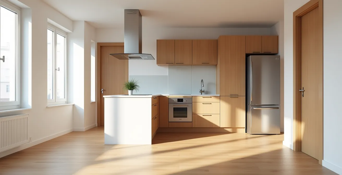 Interior de un piso semi-equipado con cocina moderna totalmente equipada y armarios empotrados de madera