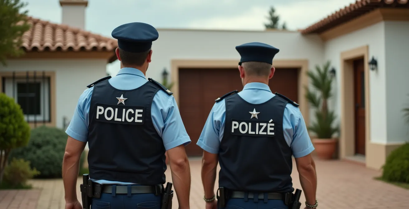 Agentes de policía frente a una vivienda residencial durante procedimiento de verificación