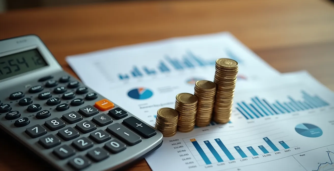 Calculadora y documentos de precios de mercado sobre una mesa, con un gráfico comparativo de alquileres