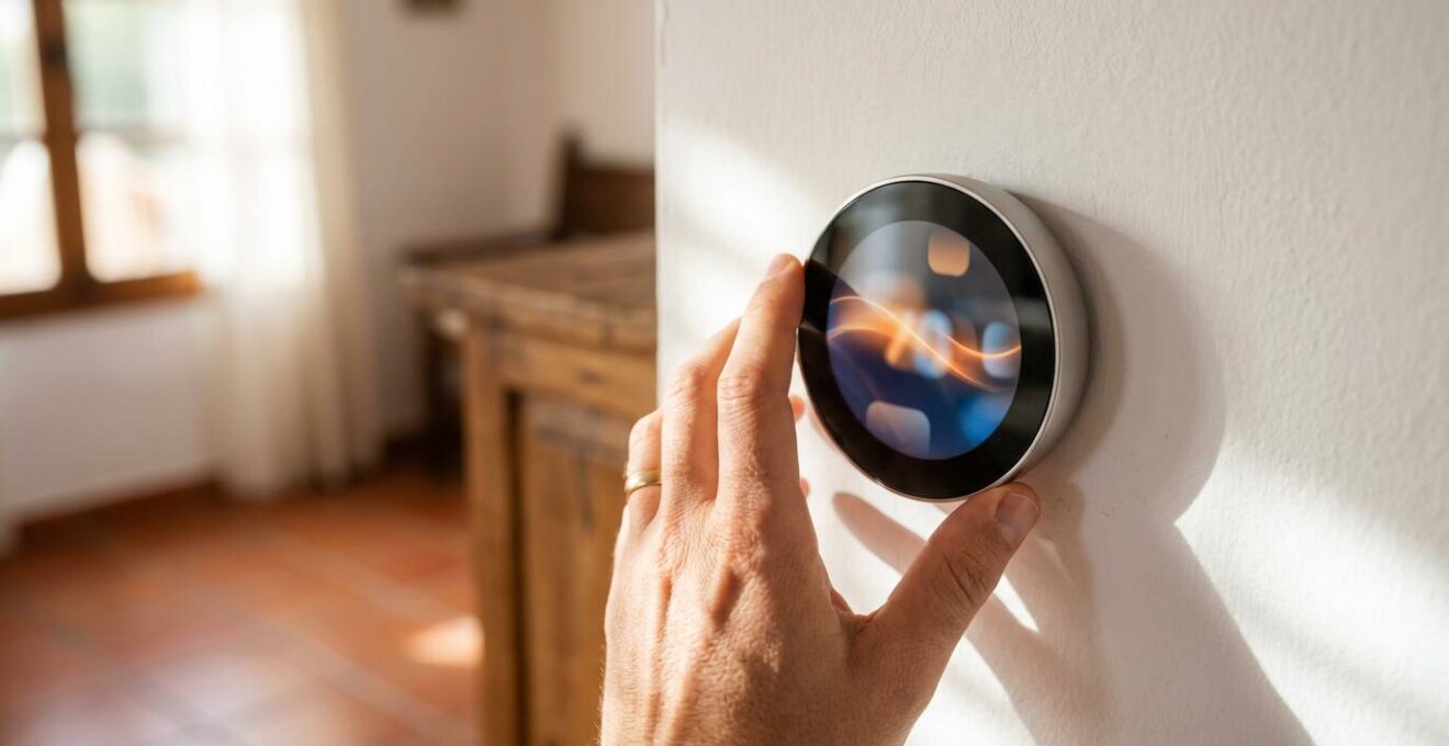 Mano ajustando termostato digital inteligente montado en pared con pantalla mostrando programación horaria