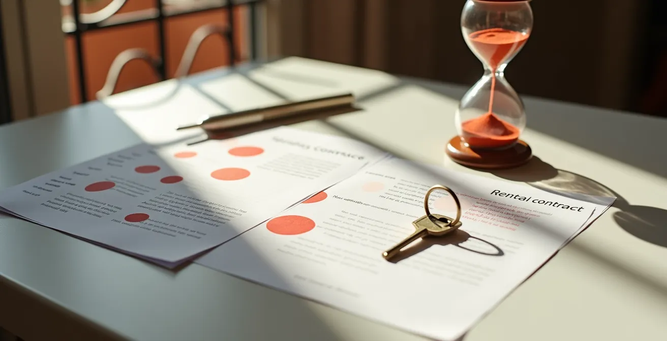 Calendario con fechas marcadas y documentos de prórroga de contrato sobre mesa