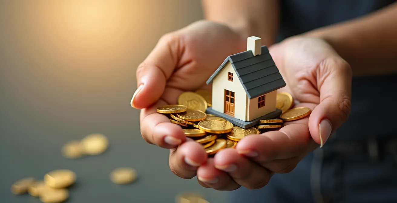 Manos sosteniendo modelo de casa con monedas doradas cayendo, simbolizando flujo de ingresos