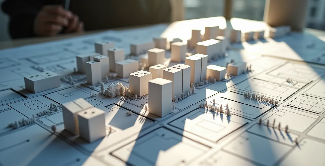 Maqueta arquitectónica de proyecto urbano con zonas verdes y edificios modernos