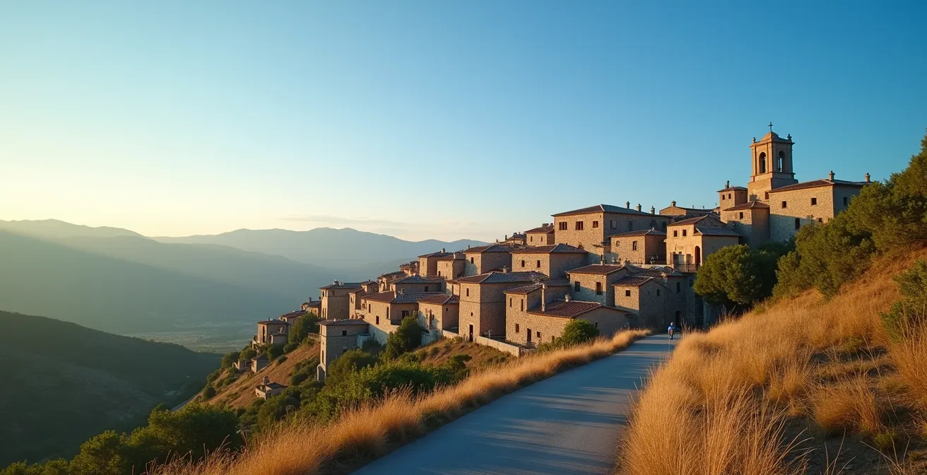 Vista panorámica de pueblo rural español con arquitectura tradicional