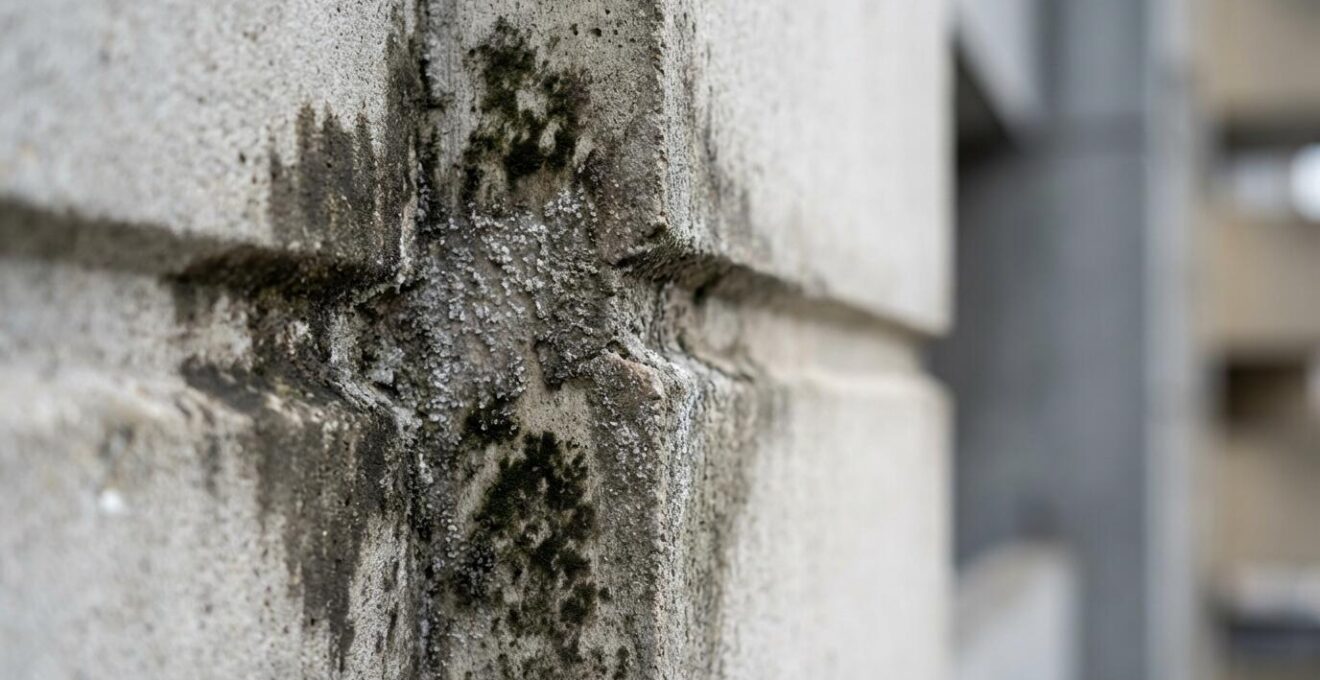Detalle macro de manchas negras en fachada por puentes térmicos
