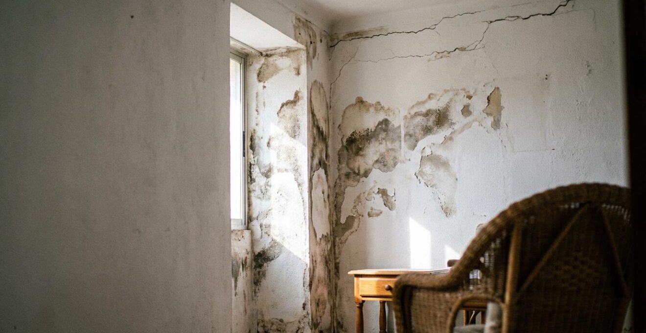 Interior de vivienda mostrando grietas en la pared y manchas de humedad tras compra reciente