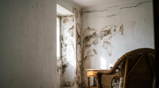 Interior de vivienda mostrando grietas en la pared y manchas de humedad tras compra reciente