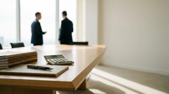 Mesa de reunión con contrato de arras y documentos hipotecarios desde perspectiva lateral