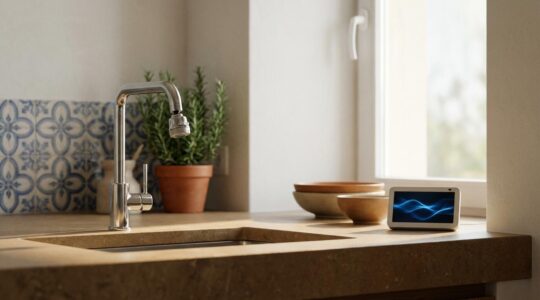 Vista de grifo de cocina con dispositivo perlizador y contador digital mostrando ahorro de agua en hogar español moderno