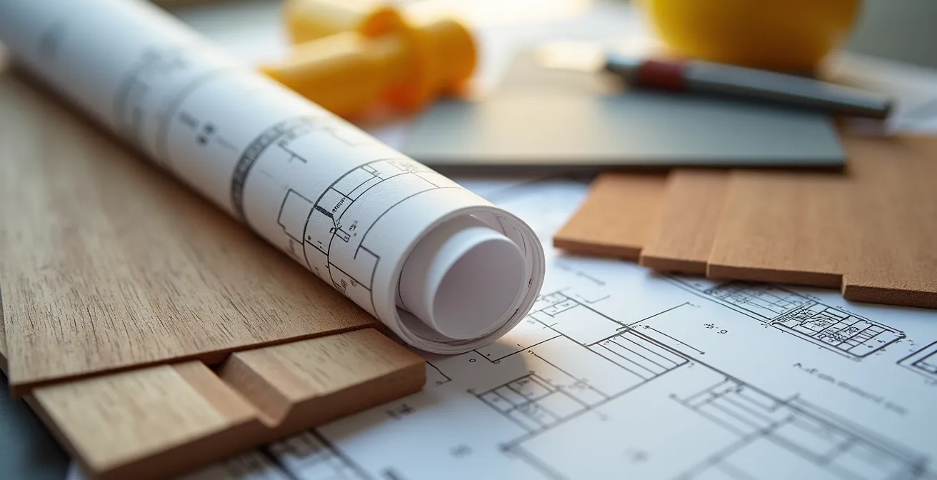 Vista amplia de un piso en plena reforma con planos y calendario visible