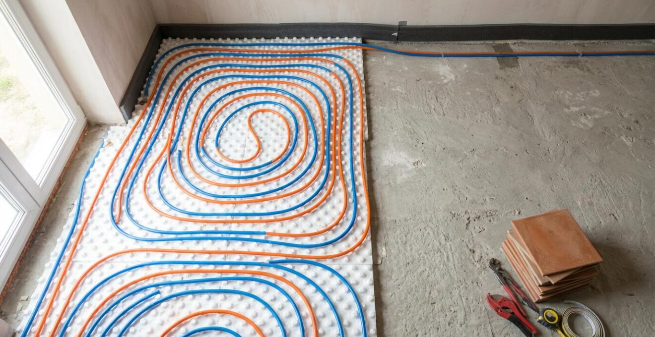 Vista cenital de instalación de suelo radiante por agua en reforma mostrando tuberías en espiral sobre panel aislante