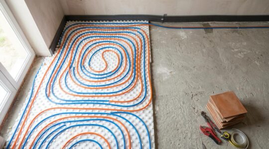 Vista cenital de instalación de suelo radiante por agua en reforma mostrando tuberías en espiral sobre panel aislante