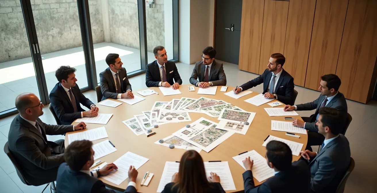 Mesa redonda con propietarios revisando documentos de urbanización
