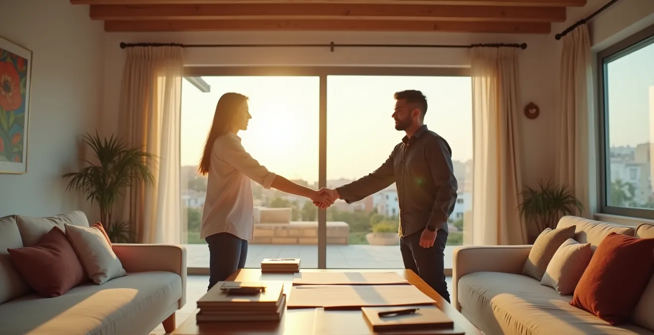 Apretón de manos entre propietario e inquilino con documentos de renovación sobre mesa