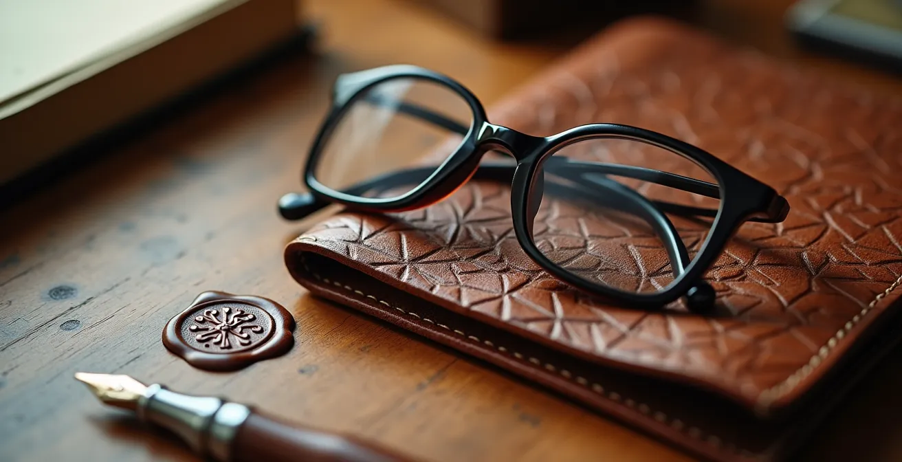 Detalle de unas gafas de lectura sobre una carpeta de documentos en un despacho de notaría, enfatizando la importancia de la revisión detallada.