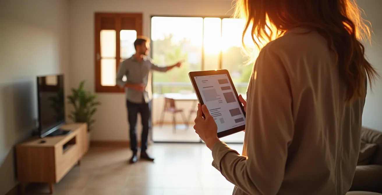 Vista amplia de salón español durante inspección final con propietario e inquilino revisando documentos