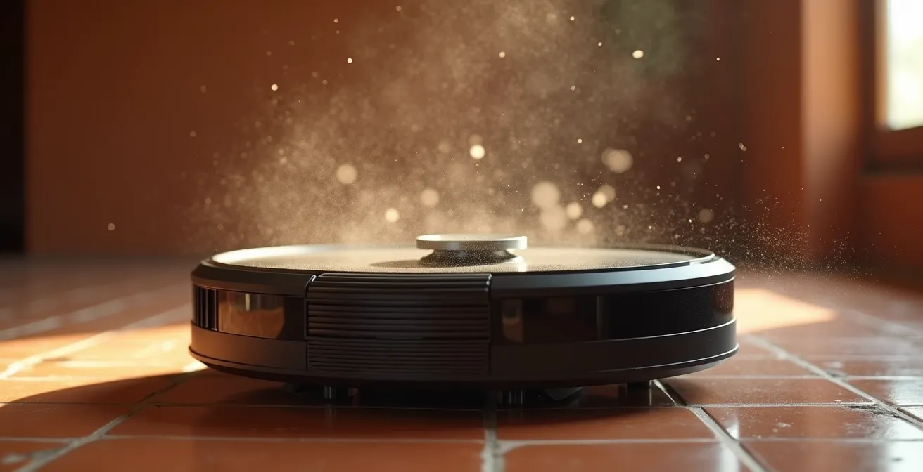 Robot aspirador con base de autovaciado en salón español con suelo de terrazo