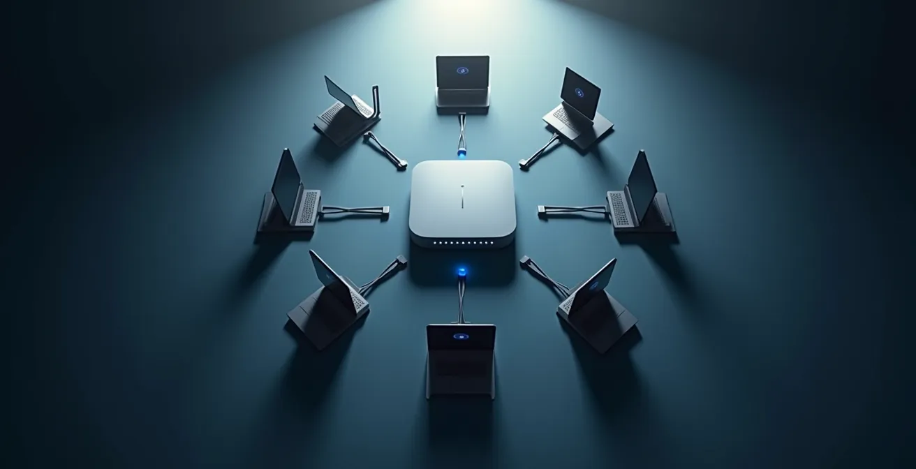 Vista cenital de un router mesh moderno con luces LED azules rodeado de dispositivos inteligentes