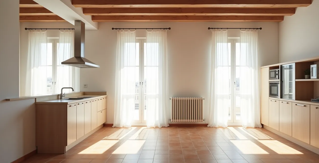 Espacio diáfano de salón-cocina con ventanas en fachadas opuestas creando ventilación natural