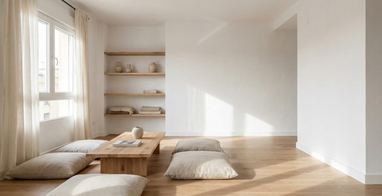 Salón minimalista estilo Japandi con muebles bajos y luz natural en piso pequeño