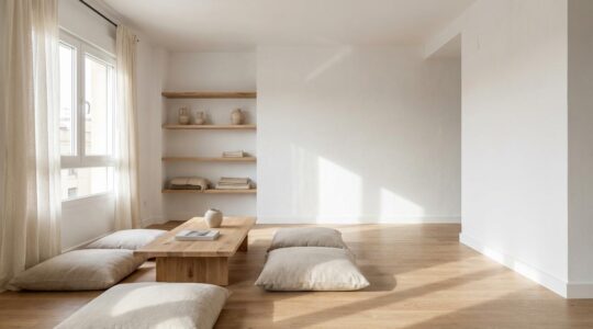 Salón minimalista estilo Japandi con muebles bajos y luz natural en piso pequeño