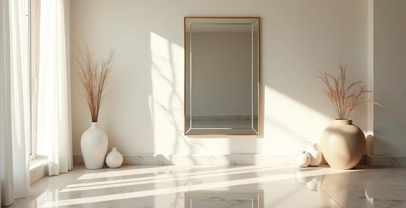 Salón español con espejos estratégicamente colocados y paredes blancas que maximizan la luz natural