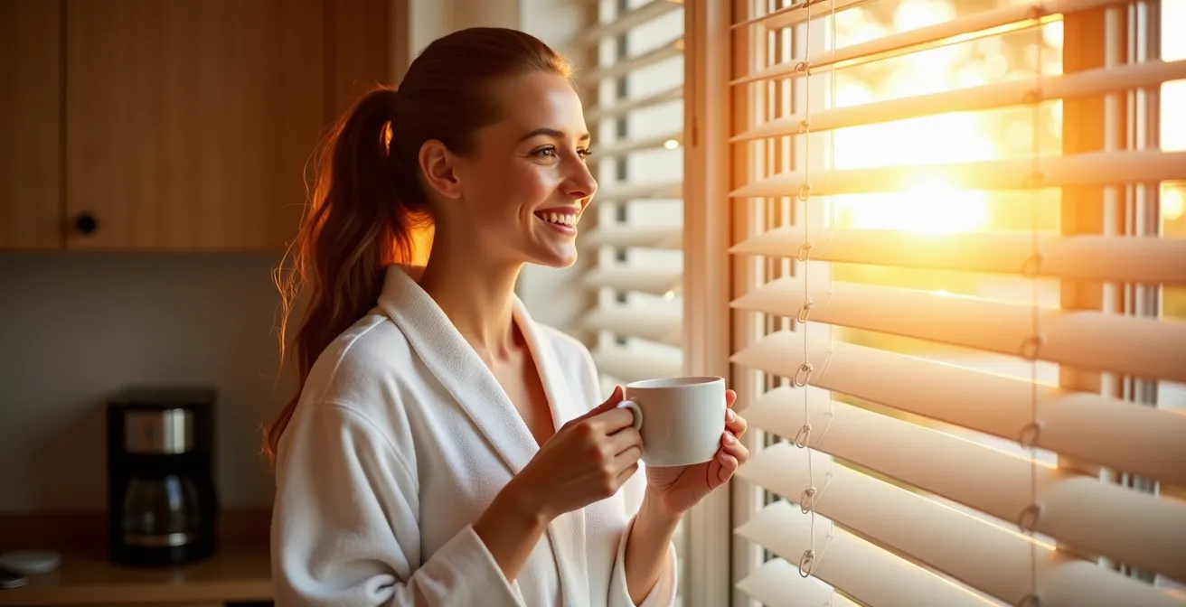 Salón mediterráneo español con persianas motorizadas subiéndose automáticamente al amanecer