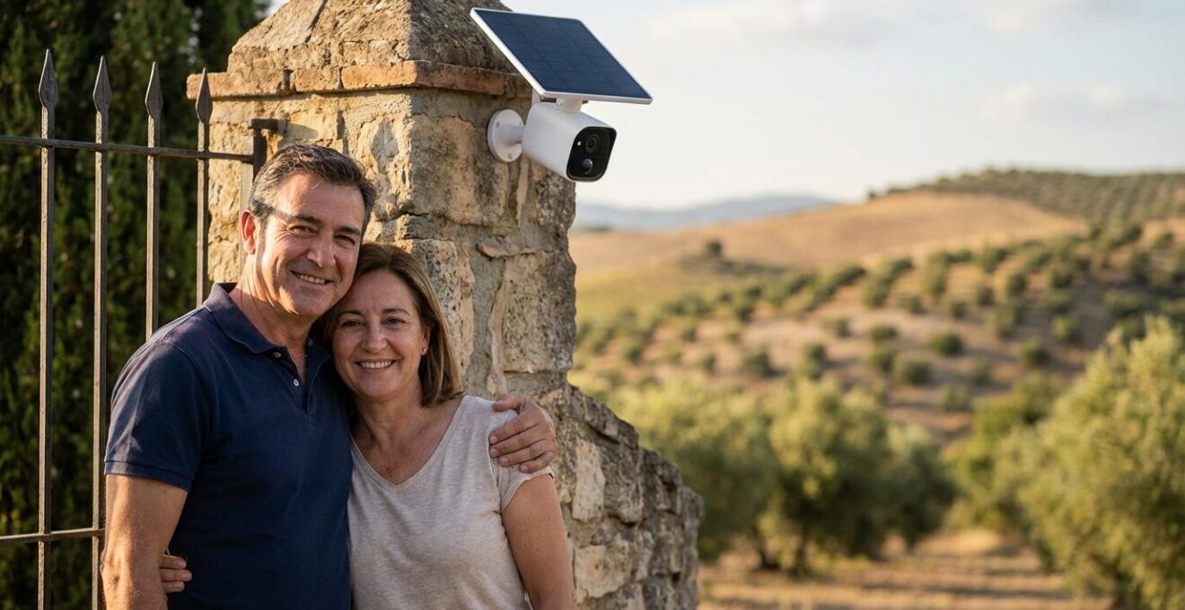 Vista de entrada a finca rural con sistema de seguridad solar y paisaje montañoso español