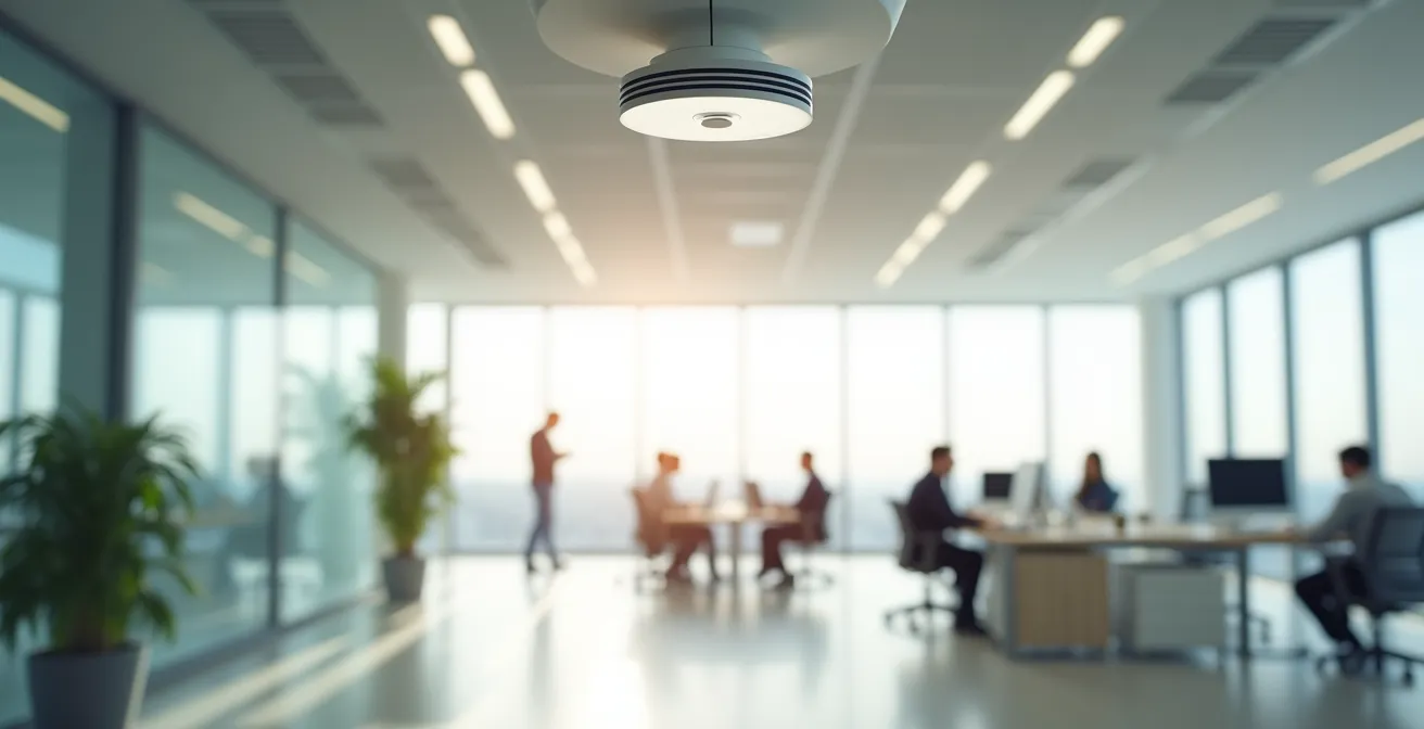 Ambiente de oficina moderna con sensor de CO2 integrado en el techo y sistema de ventilación inteligente