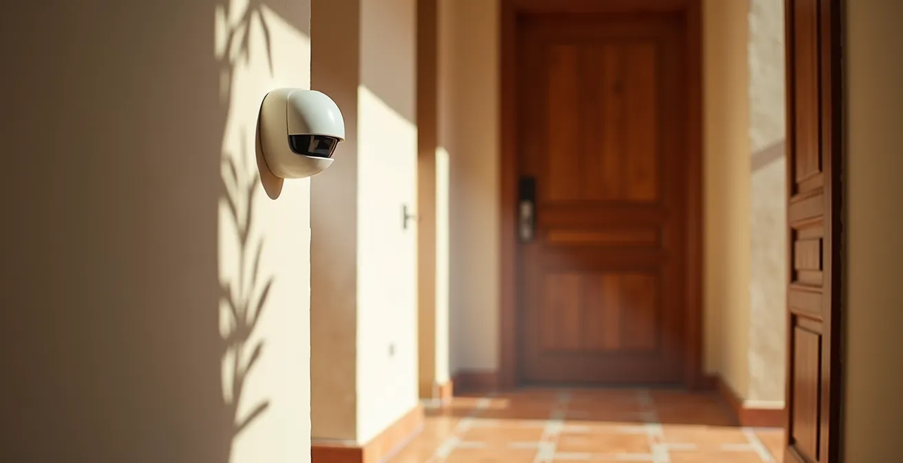 Sensor de movimiento colocado a media pared apuntando a zona de paso obligado en pasillo