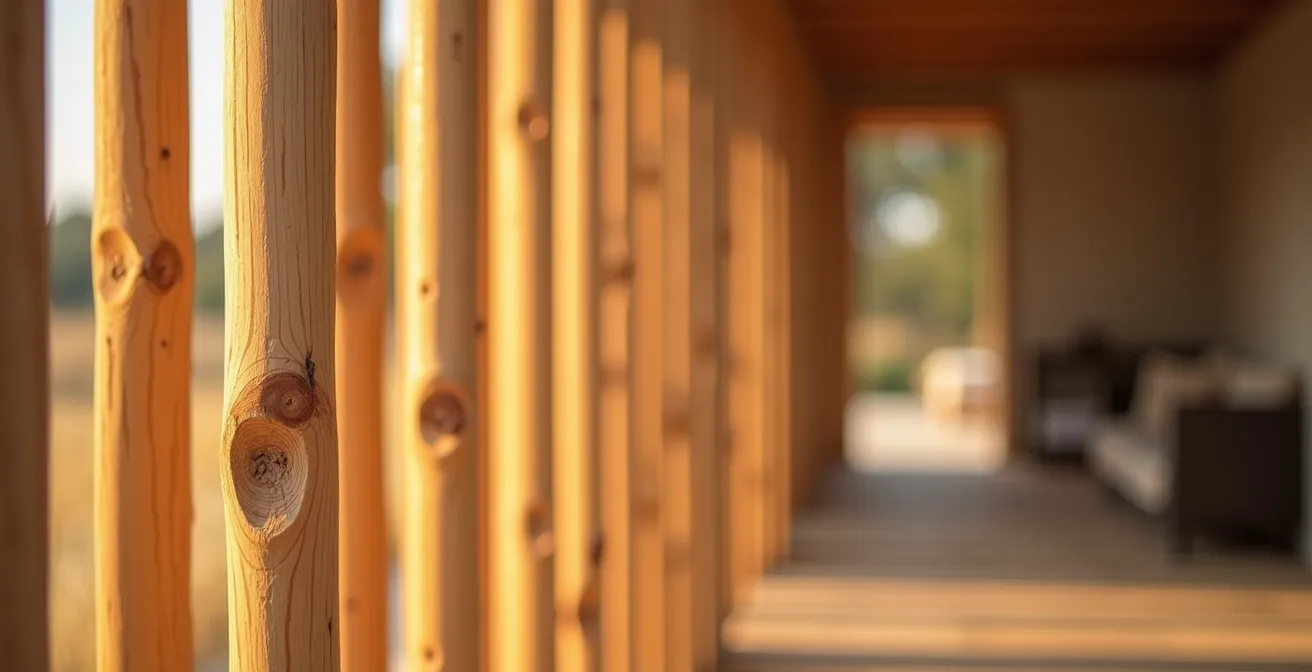 Separador de listones de madera creando división entre dormitorio y salón en estudio