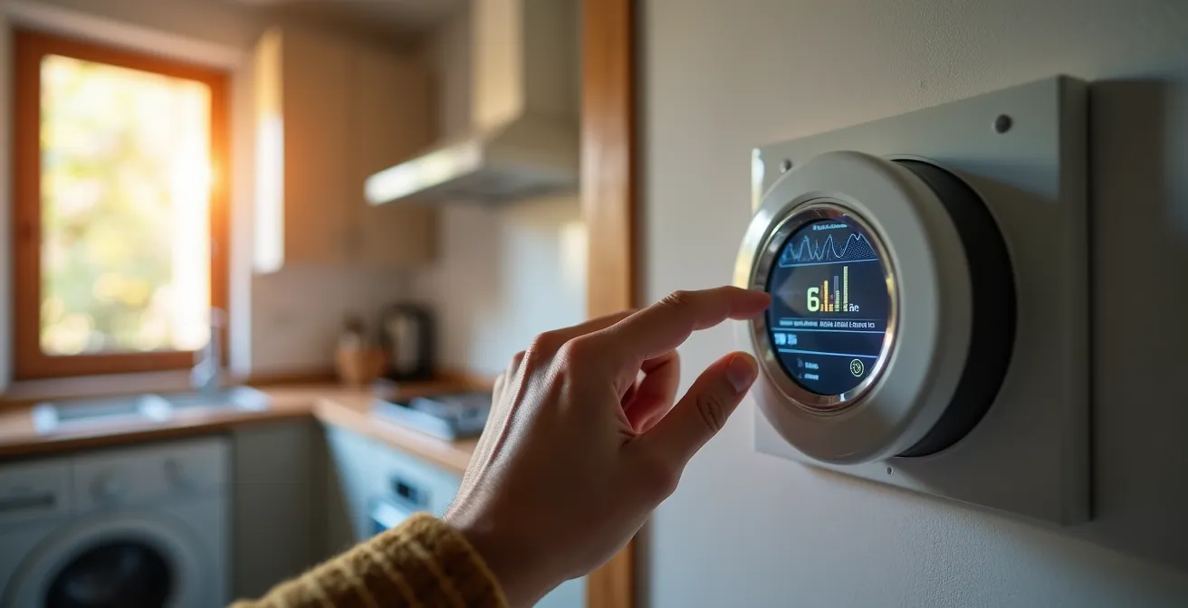 Mano ajustando contador digital mientras electrodomésticos funcionan para simular picos de consumo