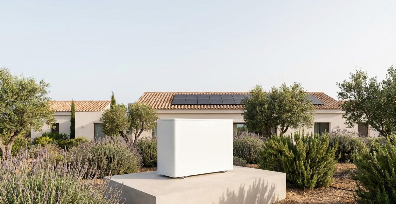 Unidad exterior de aerotermia instalada en jardín de vivienda con paneles solares visibles en tejado