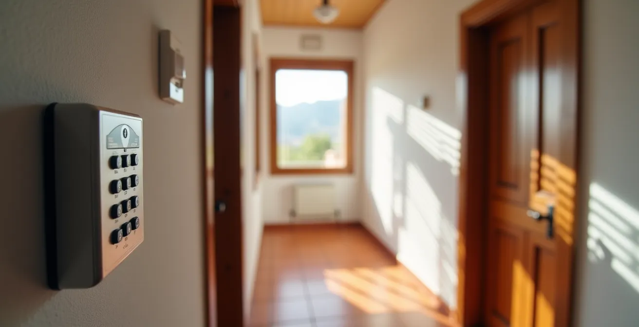 Interior de vivienda con sistema de alarma profesional mostrando sensores y cámaras de seguridad